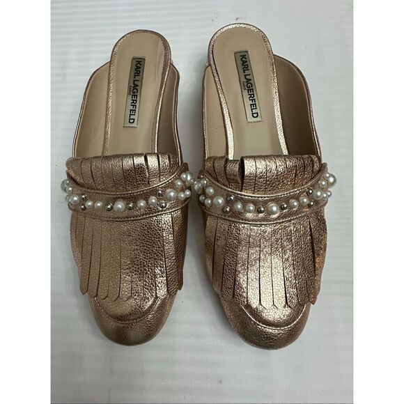 Karl Lagerfeld Pearl-Trimmed Metallic Bronze Fringe Loafers Size 9.5M - Picture 10 of 10